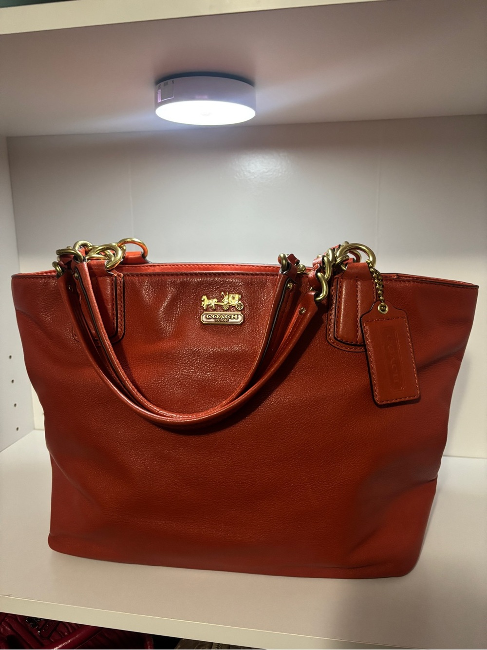 Coach Orange-Red Leather Tote with Gold Hardware